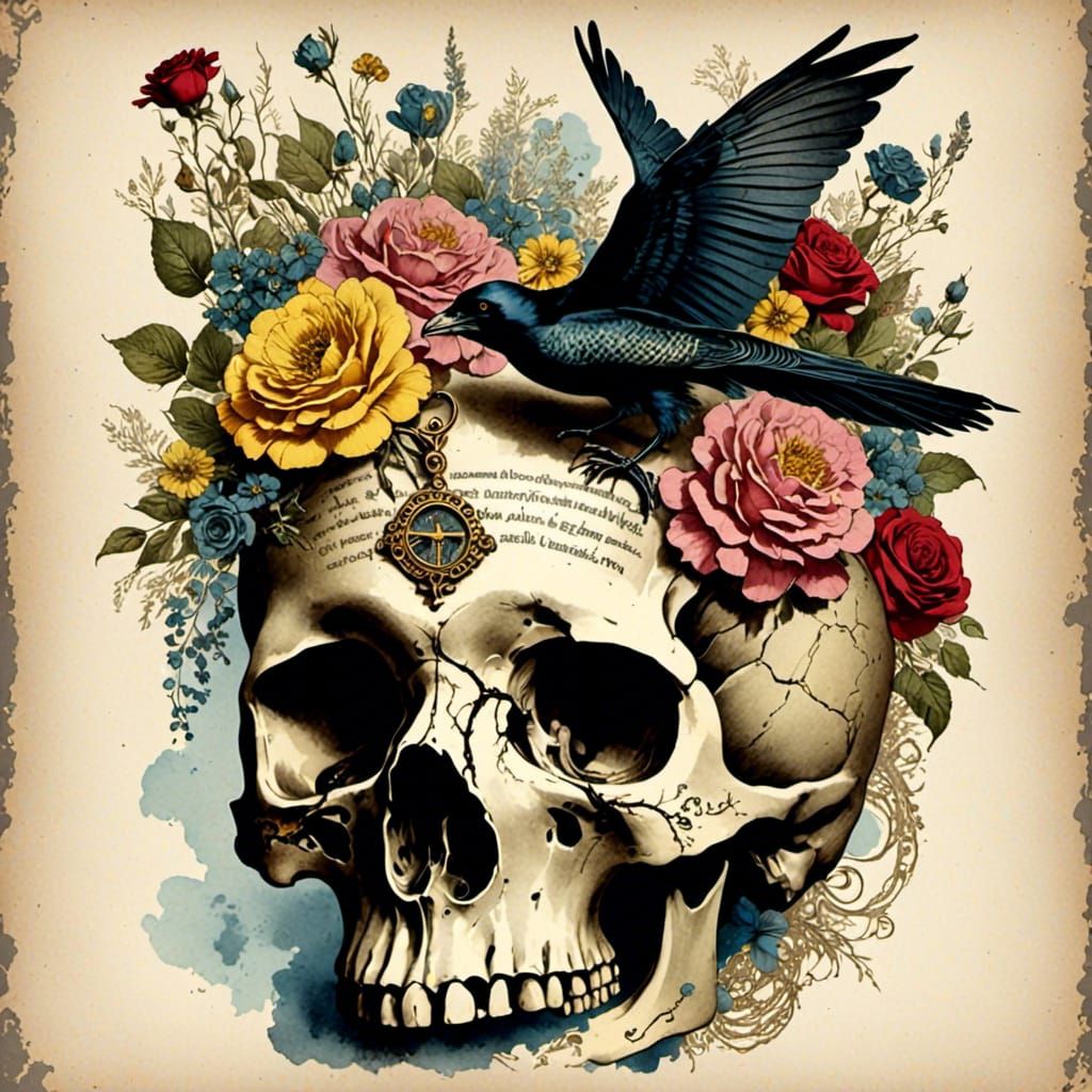 Gothic Watercolor: Snake, Skull, and Flowers