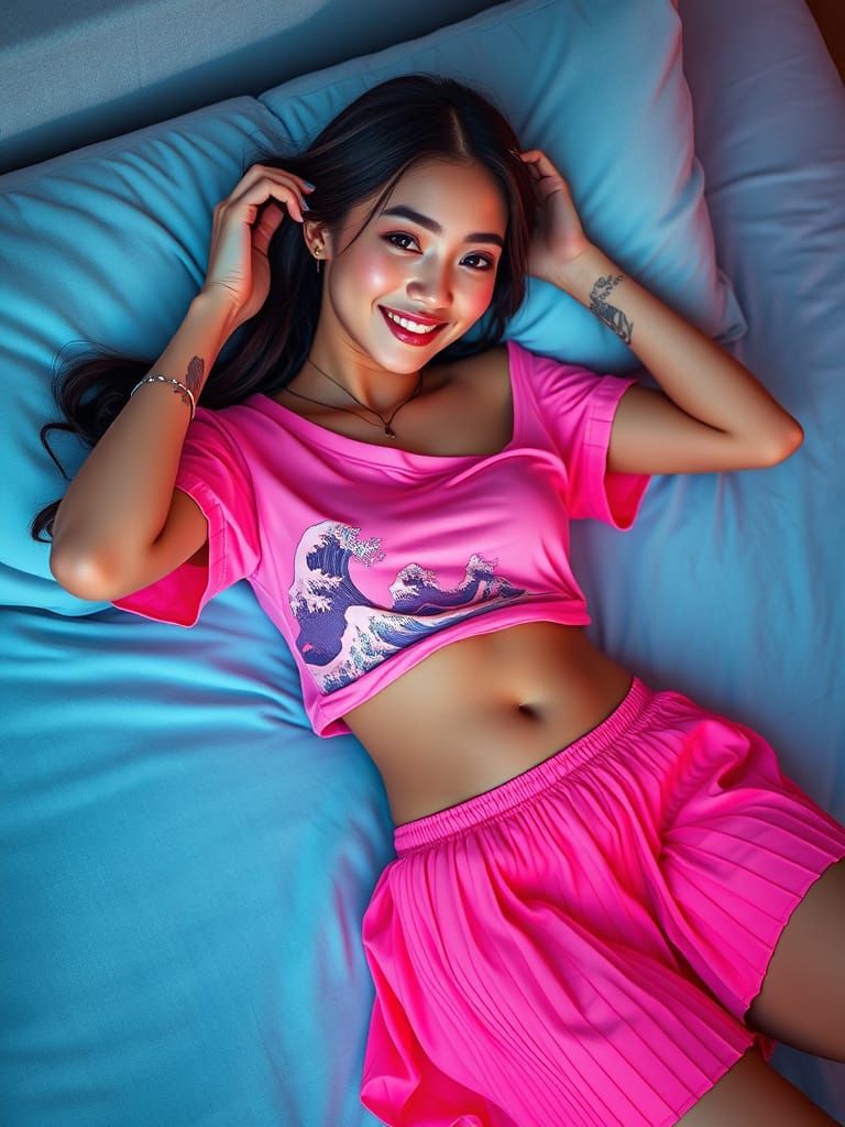 Neon Asian Beauty Lounging in Dreamy Unreal Engine Scene