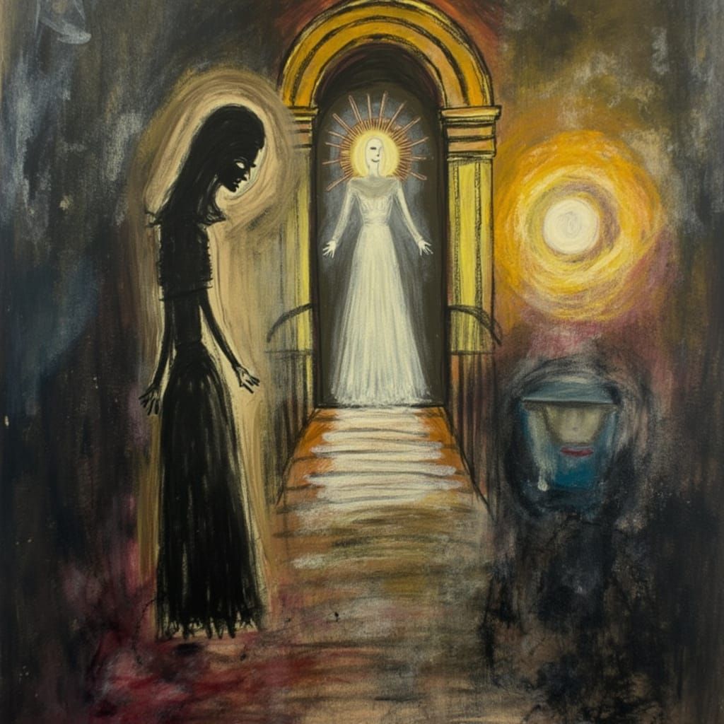 Surrealist Oil Painting of Fear and Faith at a Doorway