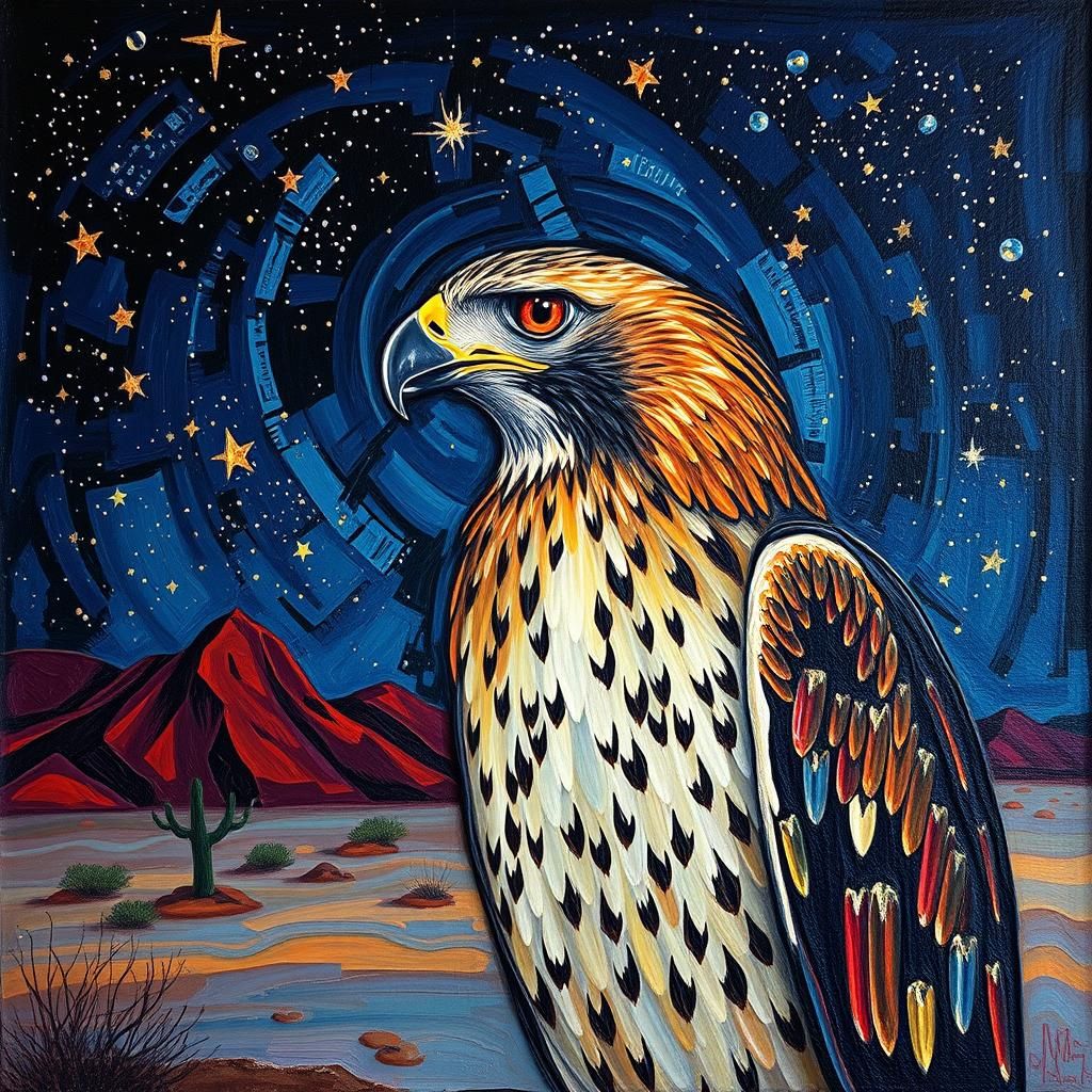 Hawk Portrait in Impasto Style Under Desert Stars
