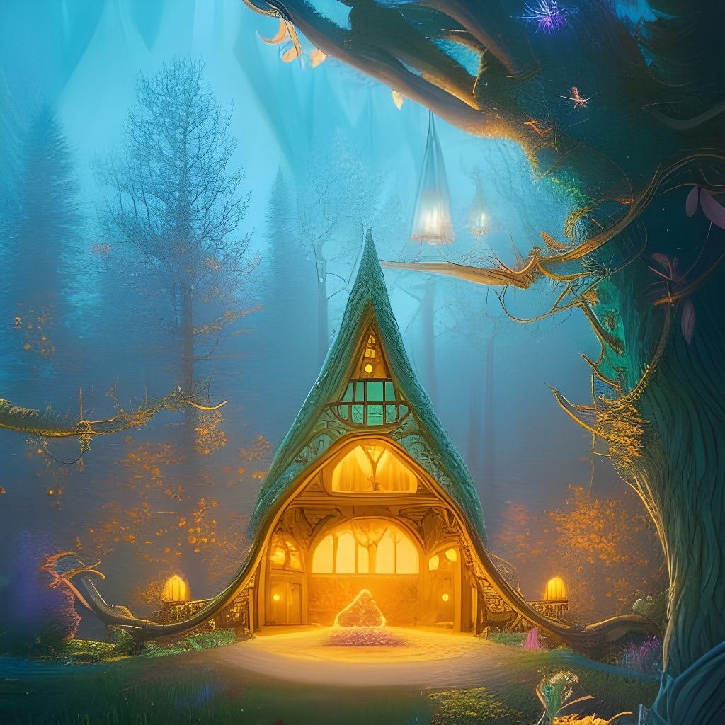 Enchanted Treehouse in Magical Forest: Digital Art