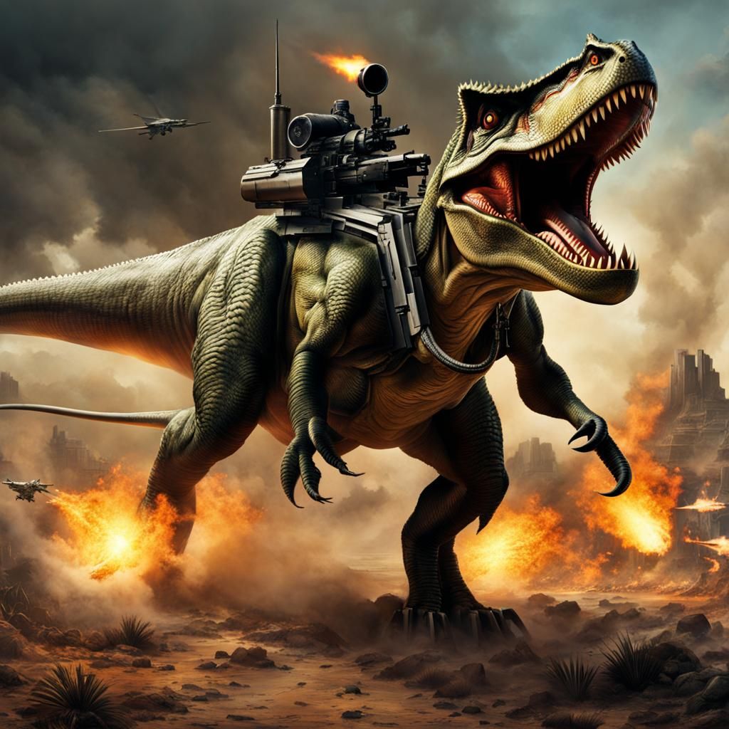 Futuristic Fire-Breathing Dinosaur with Machine Guns
