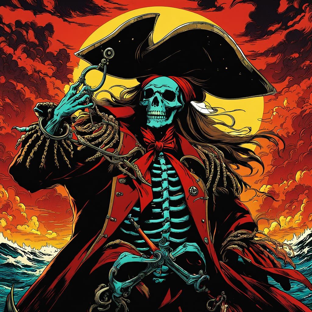 Majestic Skeleton Pirate Captain in Sunset Anime Style