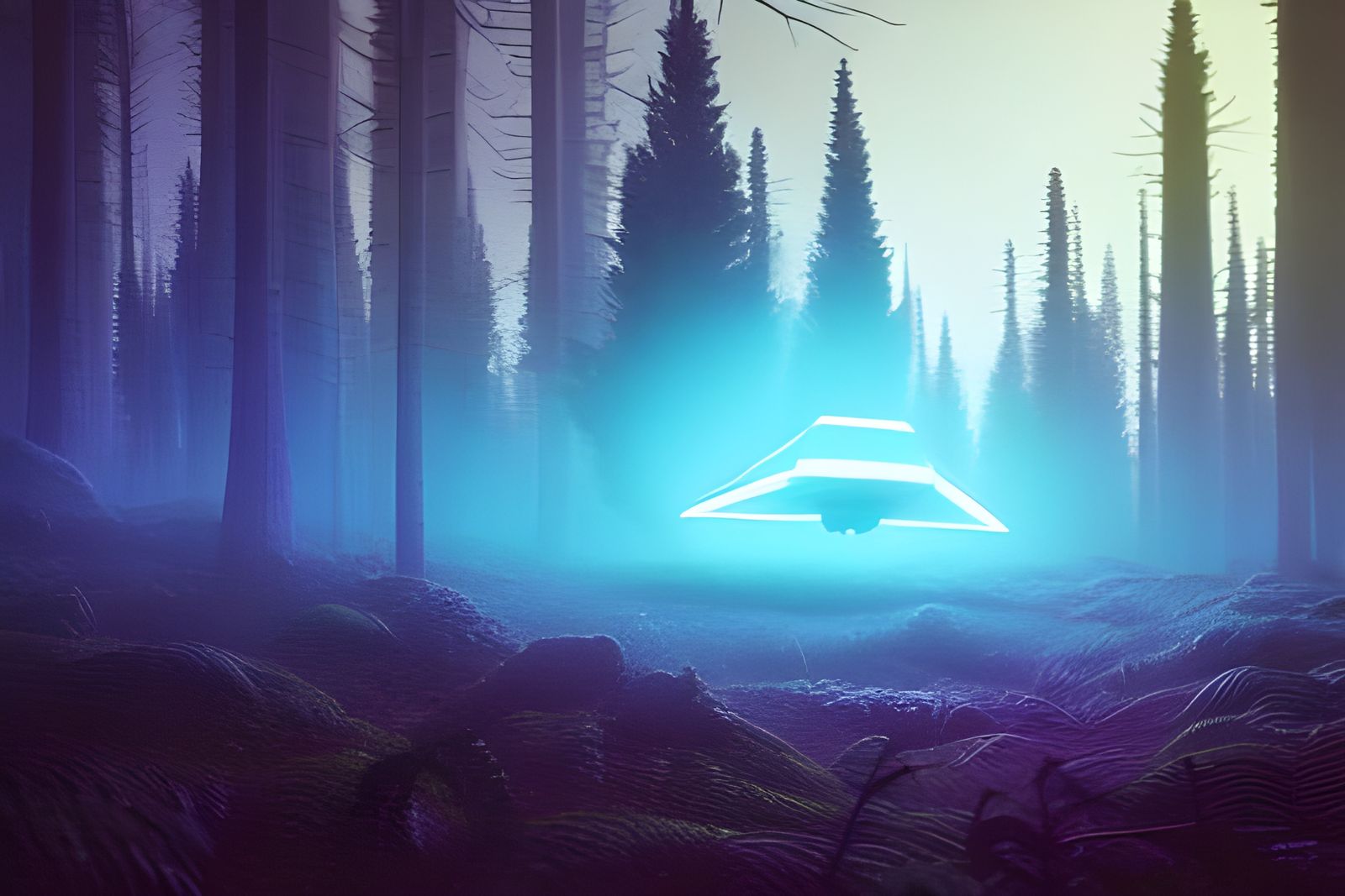 Eerie Blue UFO in Forest Clearing at Night