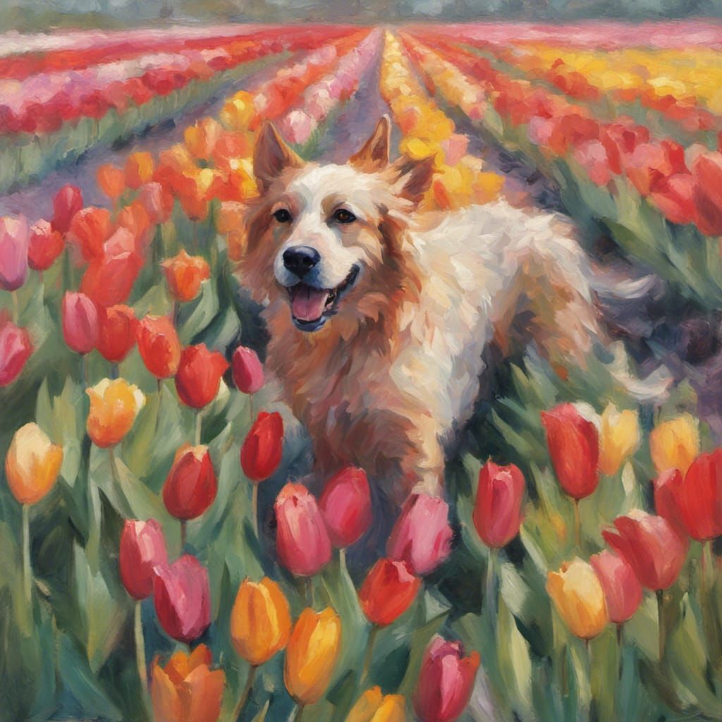 Dog in Tulip Field: Impressionist Style Painting