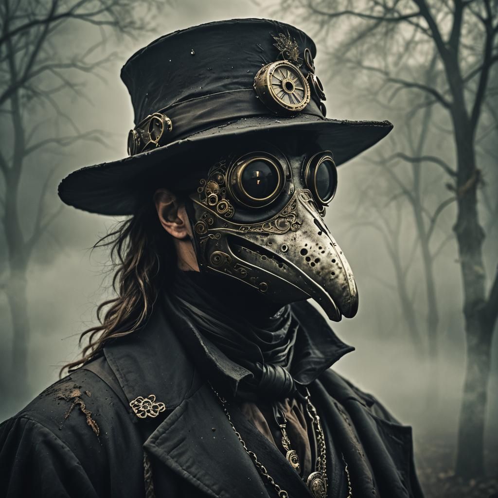 Steampunk Plague Doctor in Foggy Black Swamp