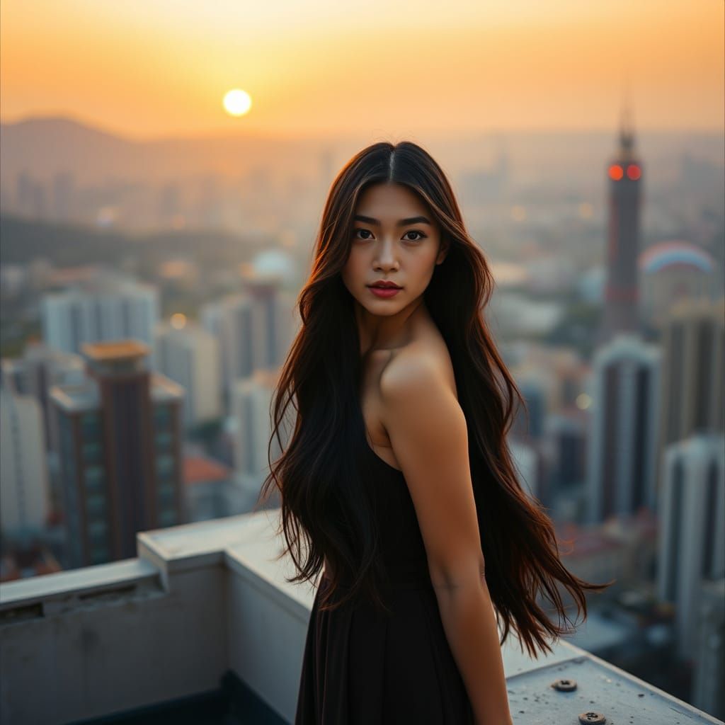 Woman on Rooftop at Sunset in Cinematic Style