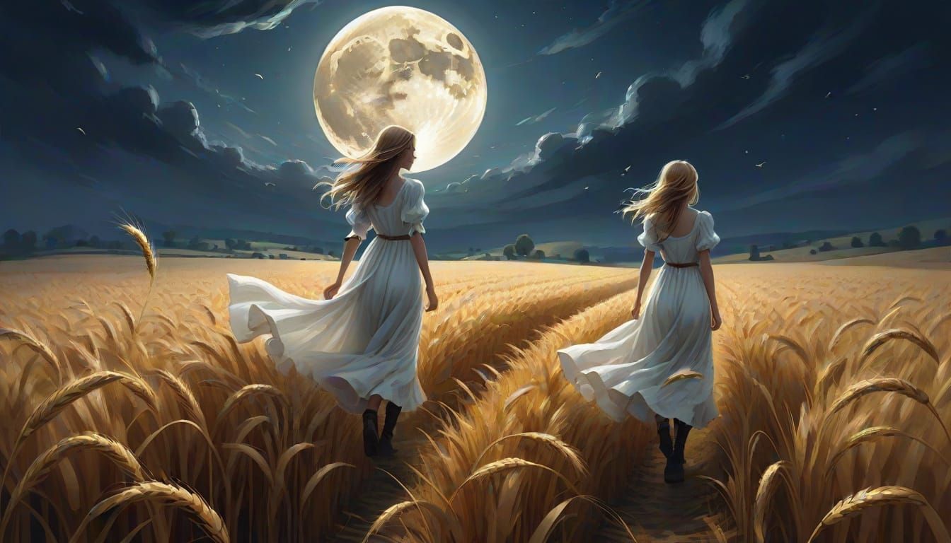 Ethereal Girl in Wheat Field Under Harvest Moon