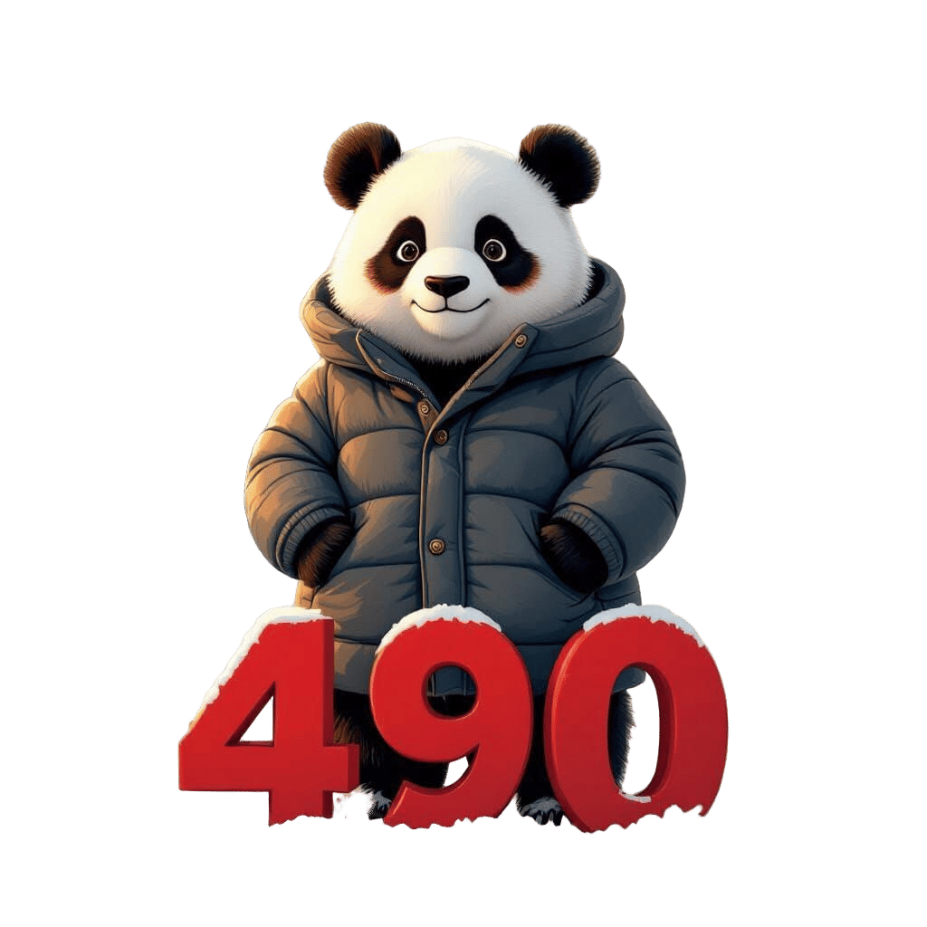 Panda Wearing Long Padded Coat with Red Number 490