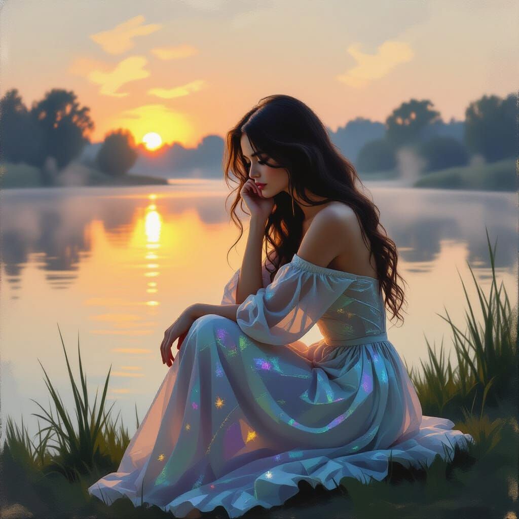 Melancholic Woman by Misty Lake: Impressionistic Painting