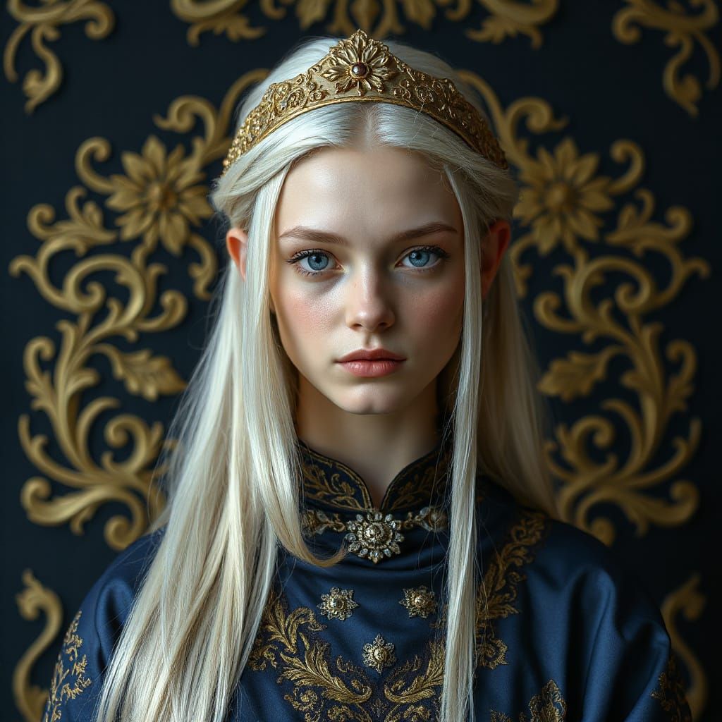 Ethereal Platinum Blonde in Gold-Embroidered Robe Digital Ar...