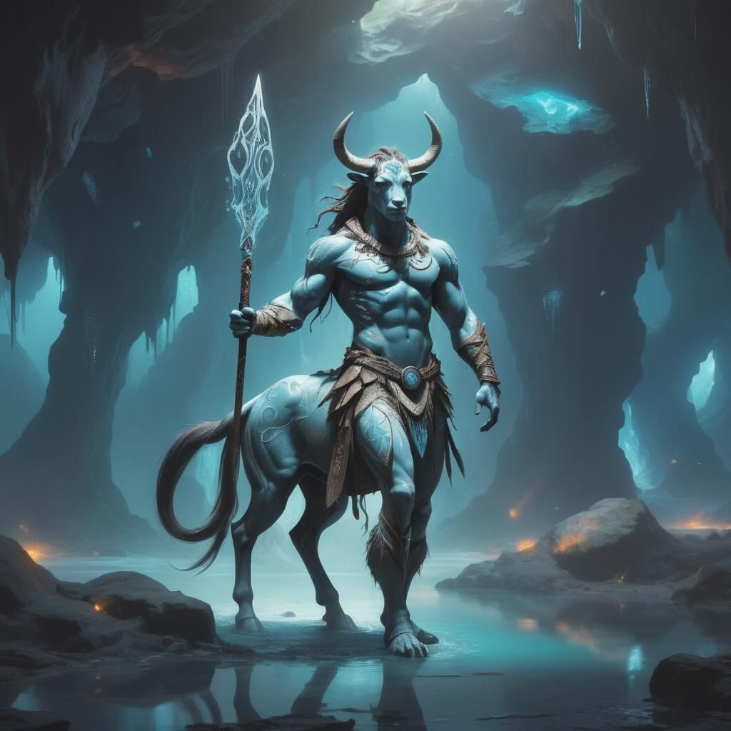 Crystalline Cave Centaur with Spear in Neon Ink Splatter Art