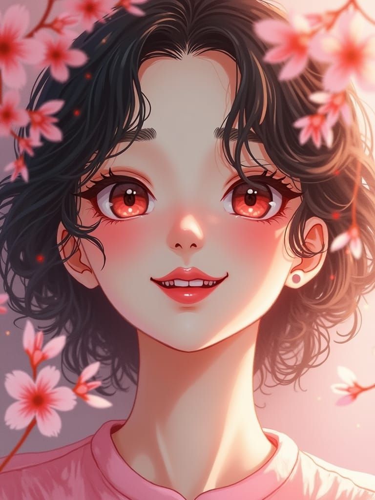 Megan Fox Manga Portrait with Cherry Blossoms