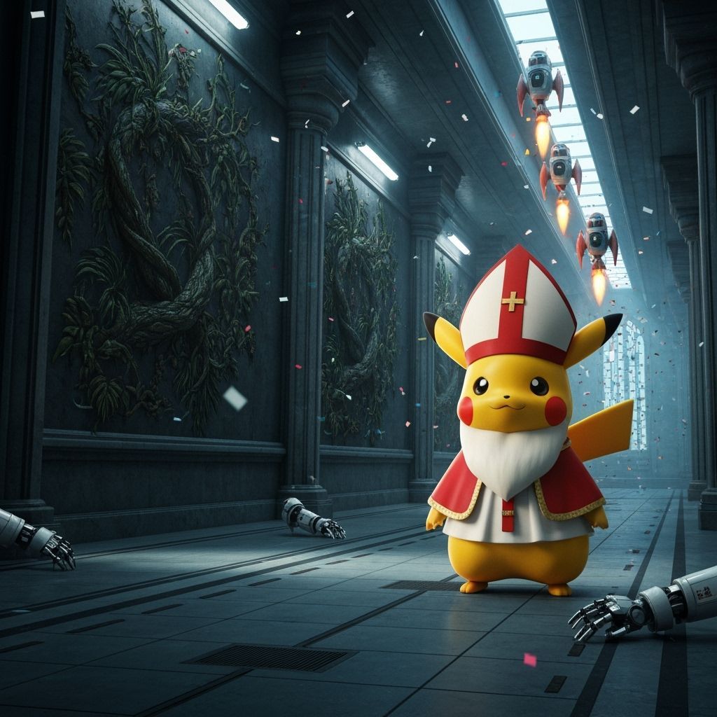 Pikachu as Saint Nicholas in Futuristic Cathedral Hall