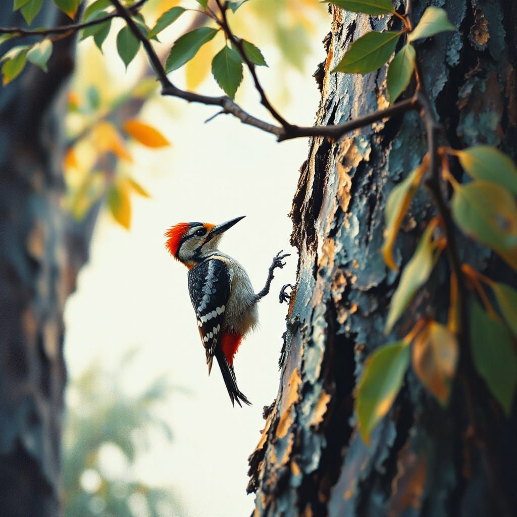 Woodpecker on Tree by River in Neo-Impressionist Oil Paintin...