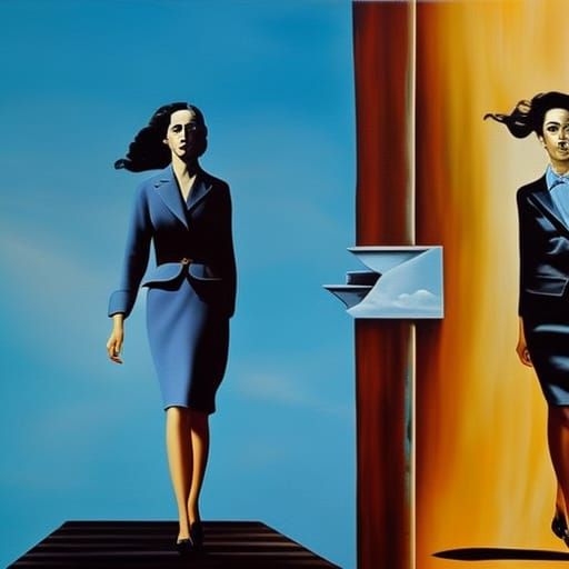 Two Women Walking on a Surrealist Boardwalk