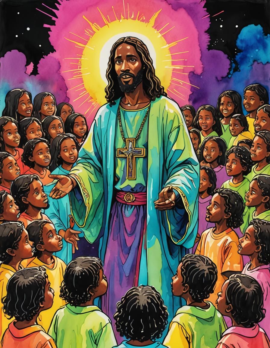 Black Jesus Preaching to Children in Watercolor