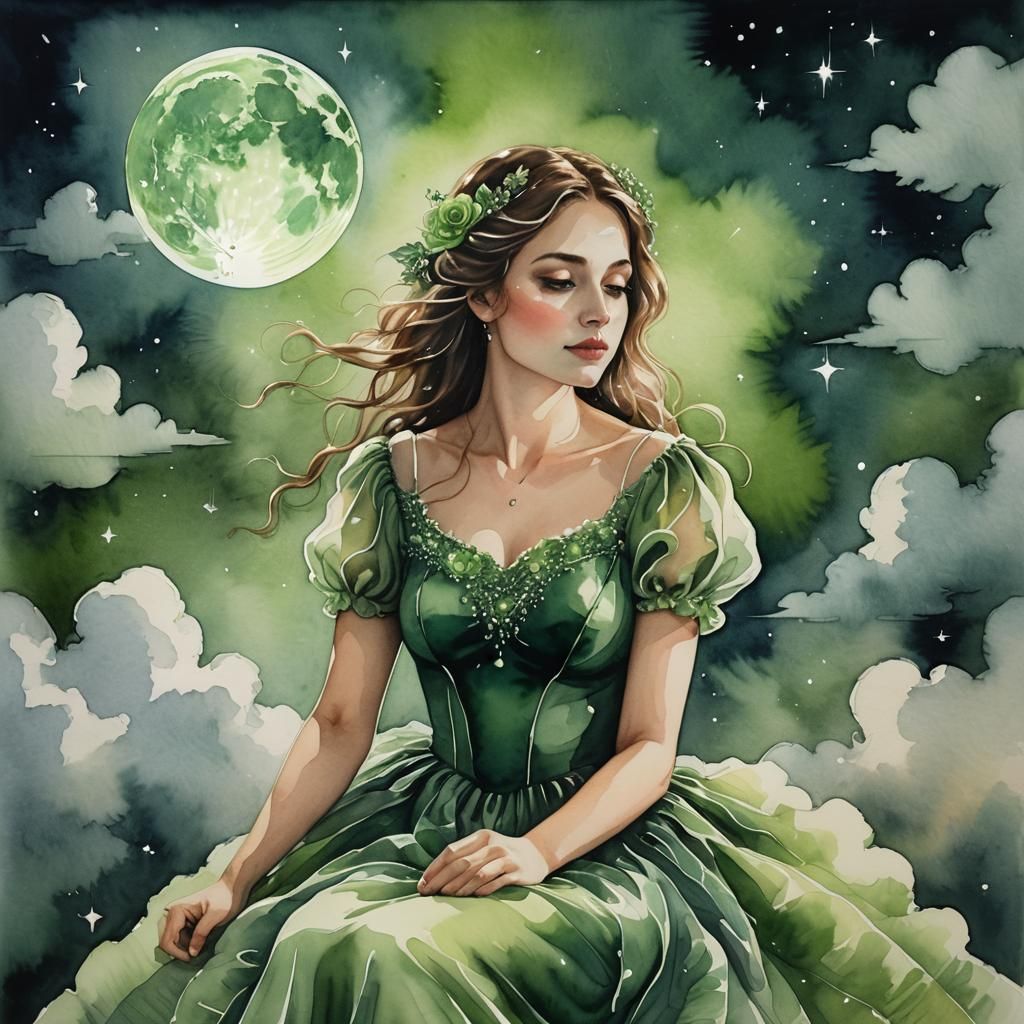 Ethereal Girl on Cloud in Green Watercolour