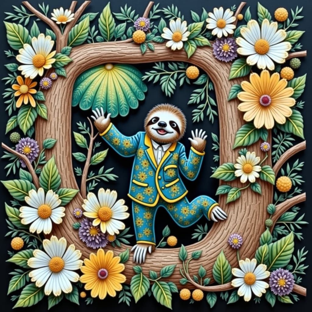 Sloth in Zoot Suit Greets from Lush Forest