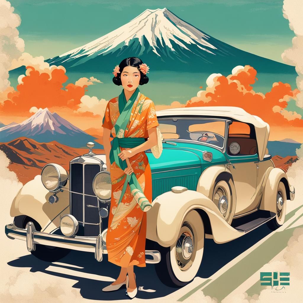 Vintage Travel Poster: Asian Woman with Sushi Scarf