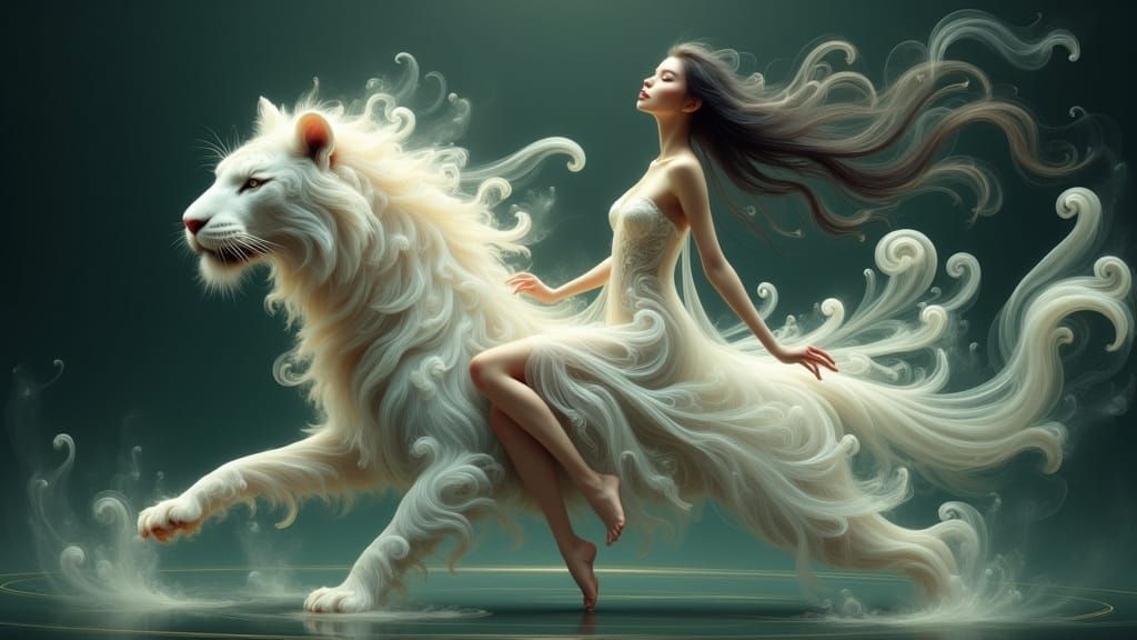Asian Fairy Rides White Tiger Under Ethereal Fireflies