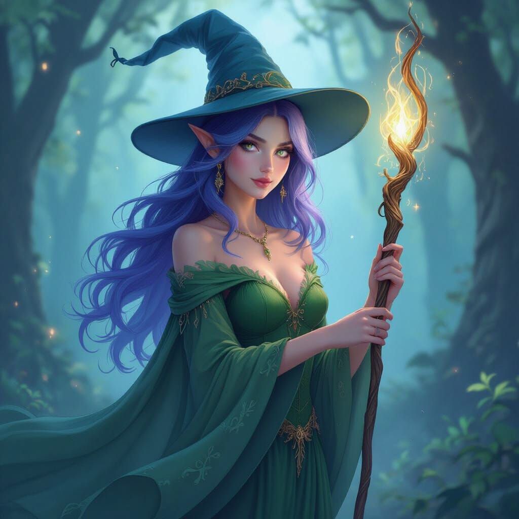 Elf Wizard in Enchanted Forest with Glowing Staff