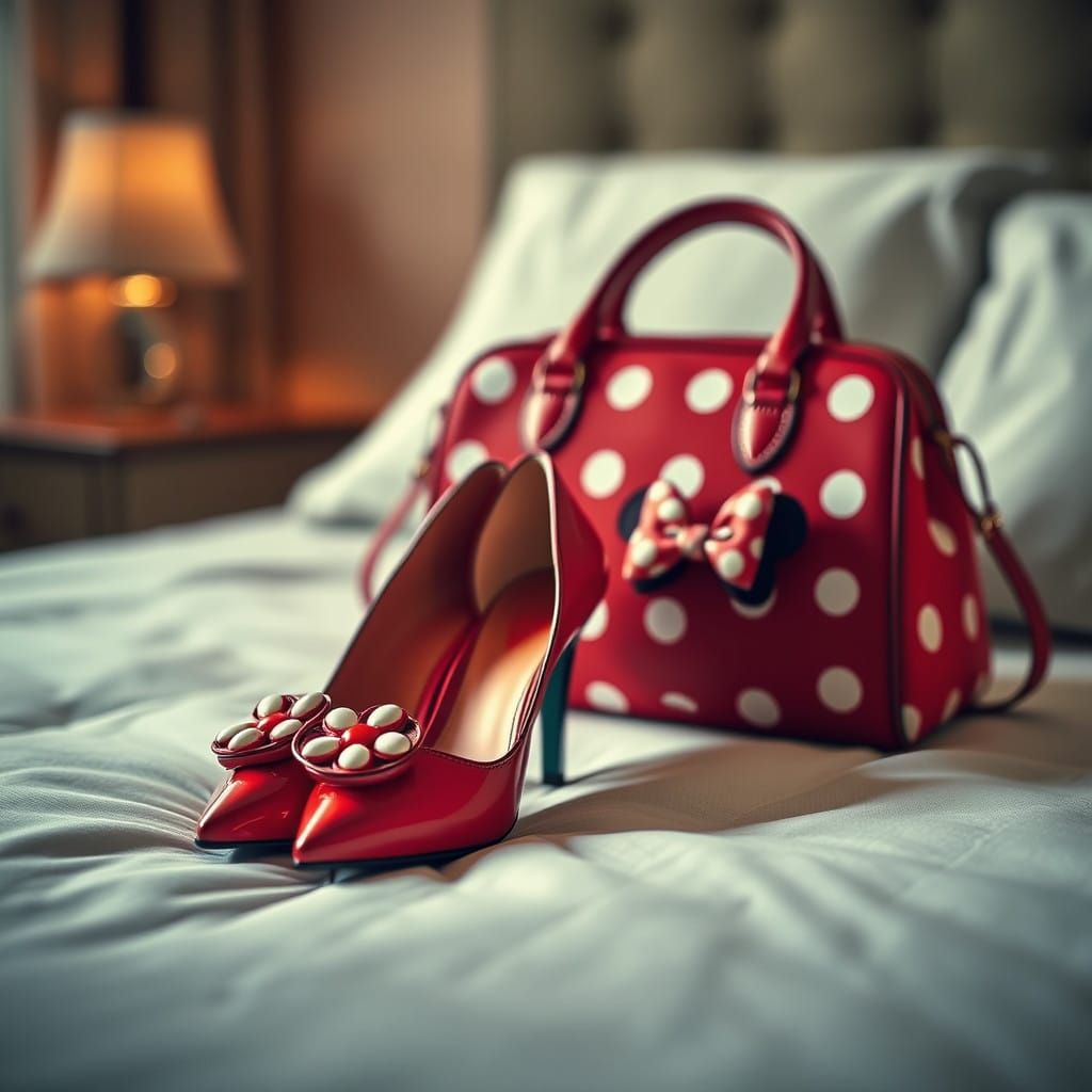 Hyperrealistic Minnie Mouse Shoes and Purse on a Bed