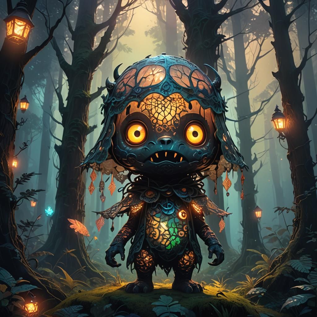 Lace Lampshade Monster in Mystical Forest, Digital Painting
