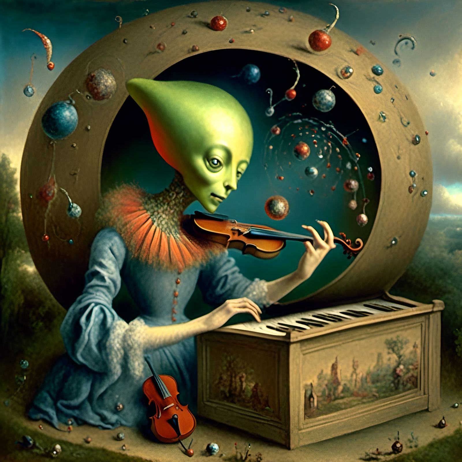 Woman Plays Alien Instrument in Magical Realism Style