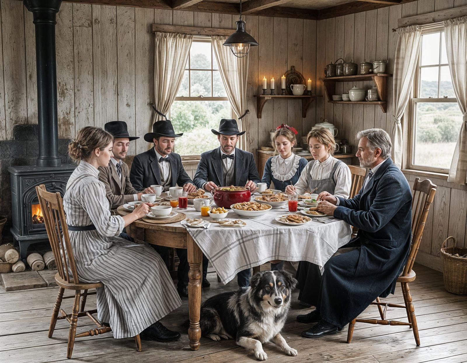 Line Drawing of People at Table in Kitchen