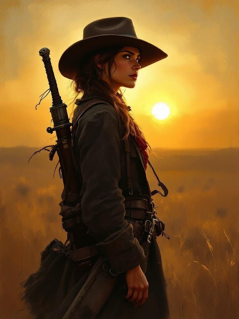 Frontier Woman in Prairie Sunset: Painterly Western Portrait
