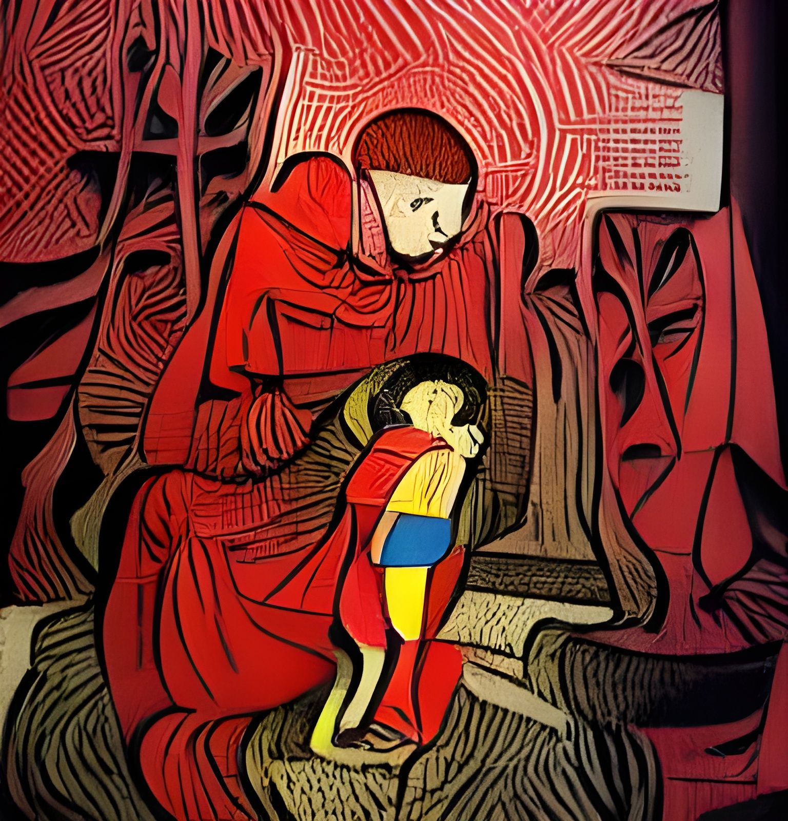 Lost Child in Red: Woodcut Art Deco Artwork