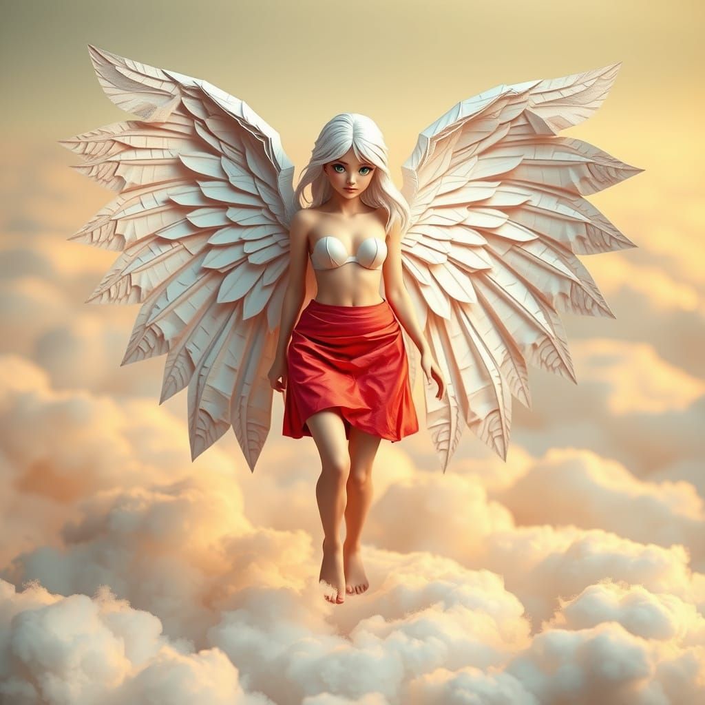 Ethereal Angel in Origami Skirt Walking Among Clouds