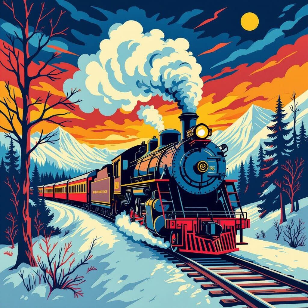Fantastical Winter Trains in Linocut Abstract Style