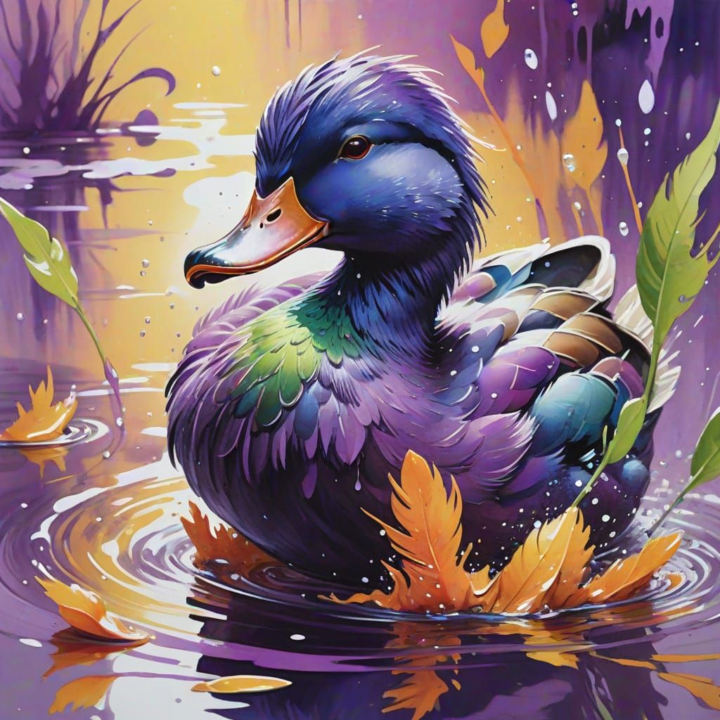 Purple Duck Swimming: Vibrant Gouache Expressionism