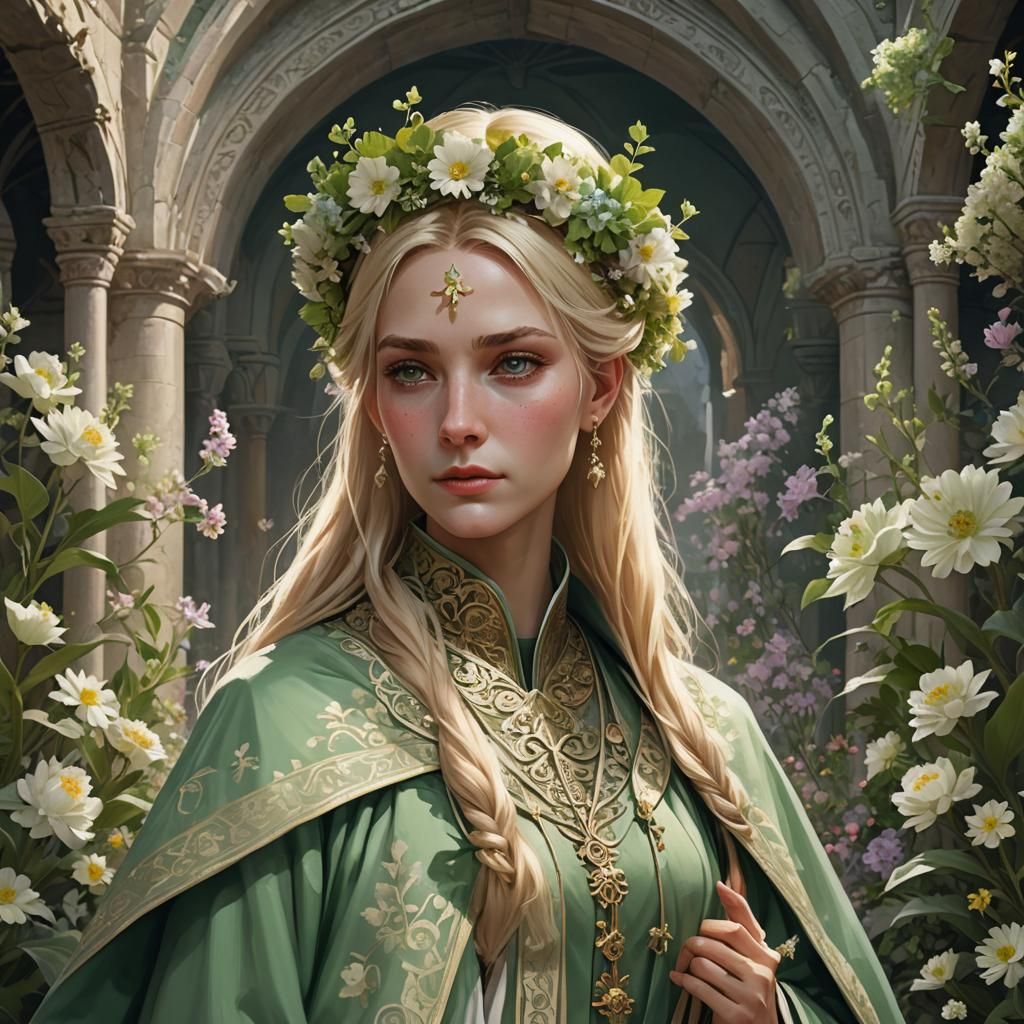 Cleric in Green Robes in a Flower Monastery