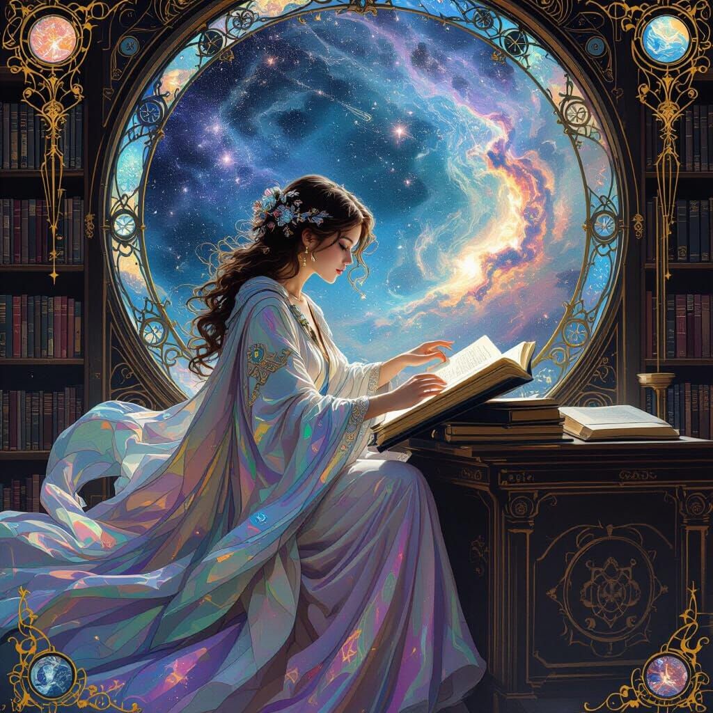 Celestial Librarian in Cosmic Library, Art Nouveau Style