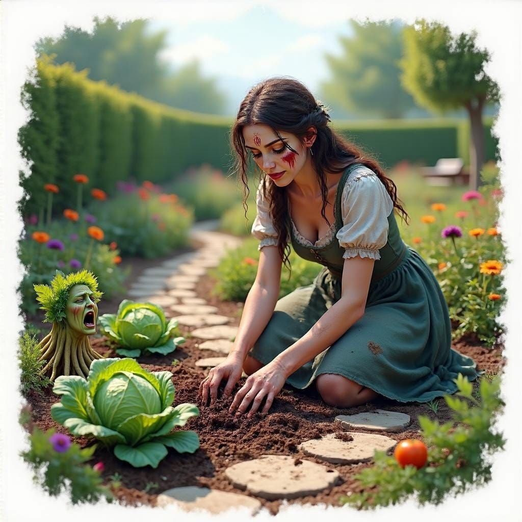 Witch Gardening in Vibrant Flower and Vegetable Patch