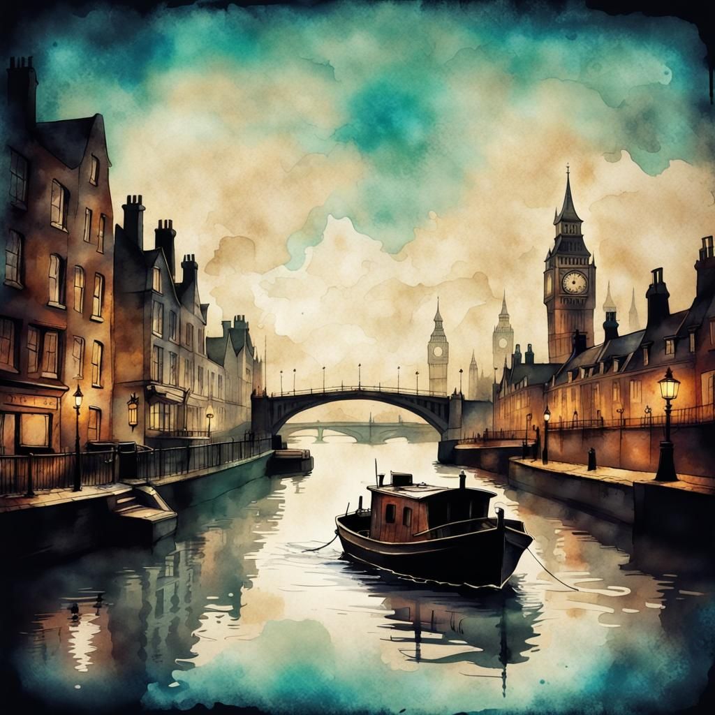 Steampunk Boat on Thames in Ink Painting Style