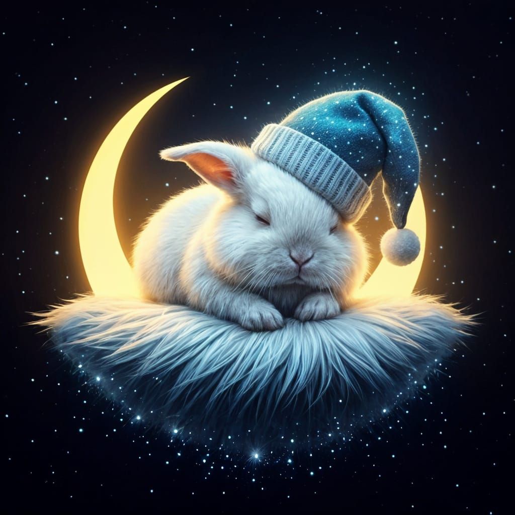Sleeping Bunny on Bioluminescent Moon in Space