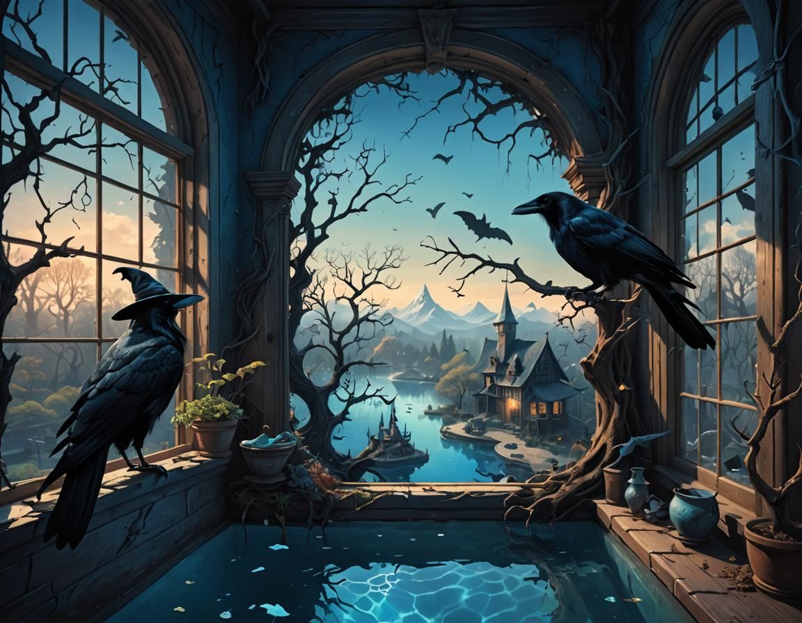 Surreal Crow, Shark, and Witch Fantasy Scene