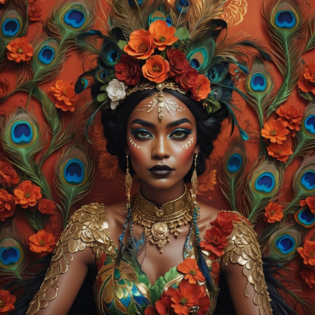 Fantasy Portrait: Golden Woman with Peacock Hair