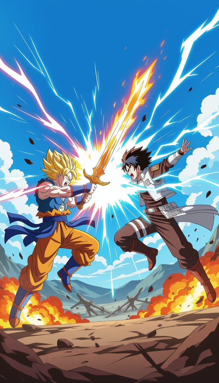 Anime Warriors Clash with Fire and Lightning