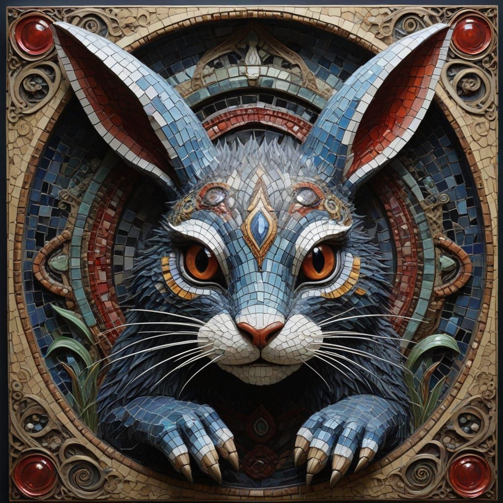 Menacing Rabbit Monster in Iridescent Glass and Ceramic Mosa...