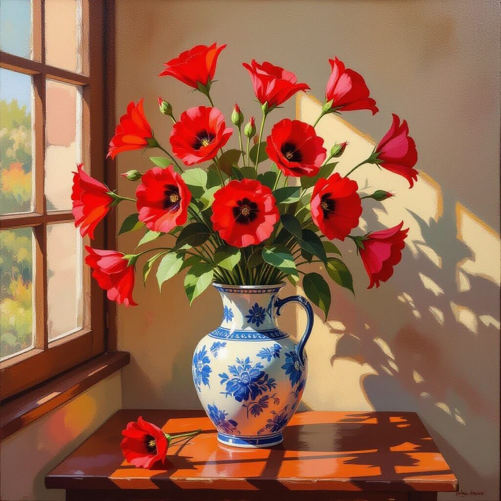 Vibrant Red Flowers Oil Painting with Impressionist Style