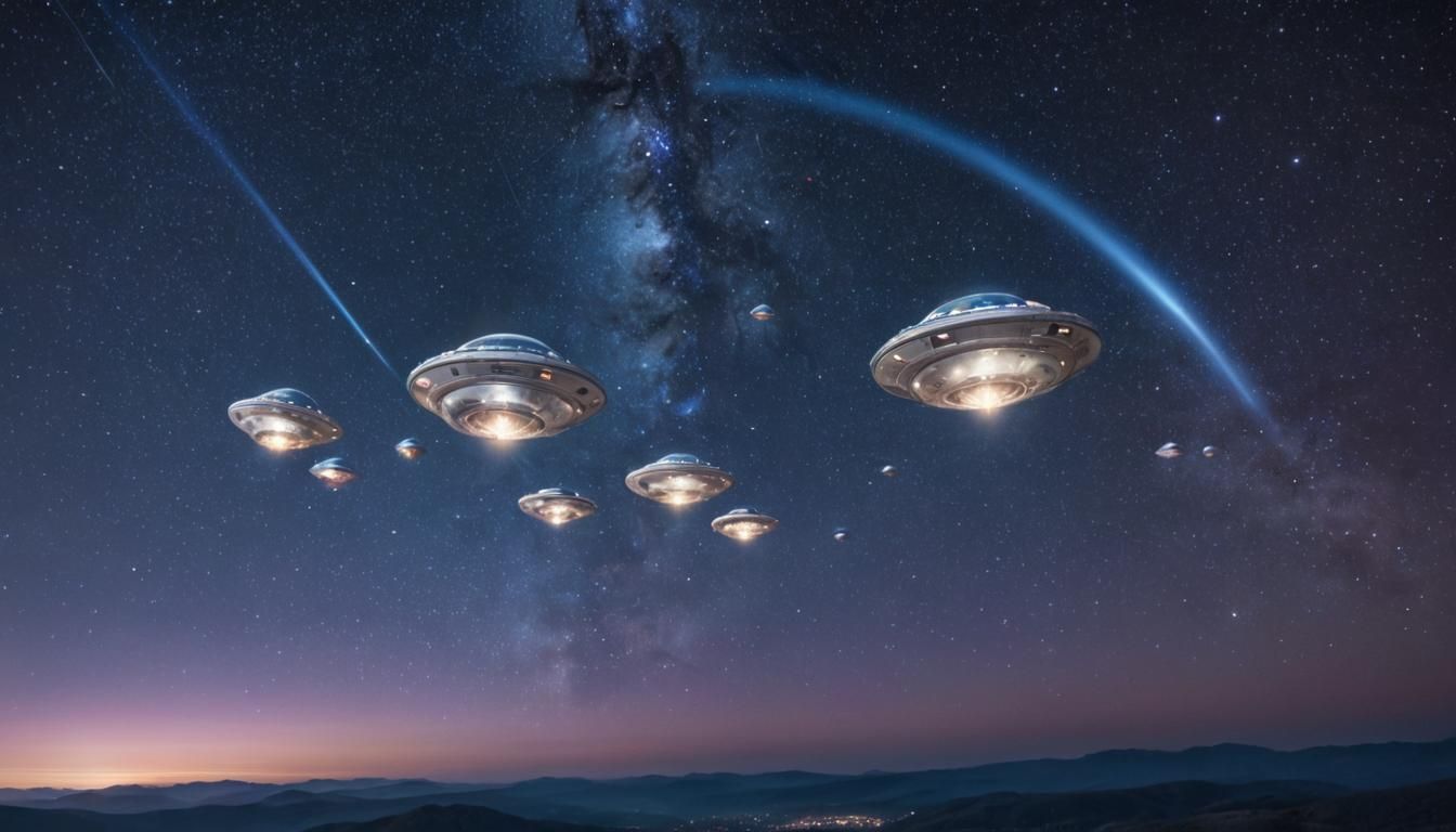 Majestic UFOs Illuminated by Orb in Starry Sky