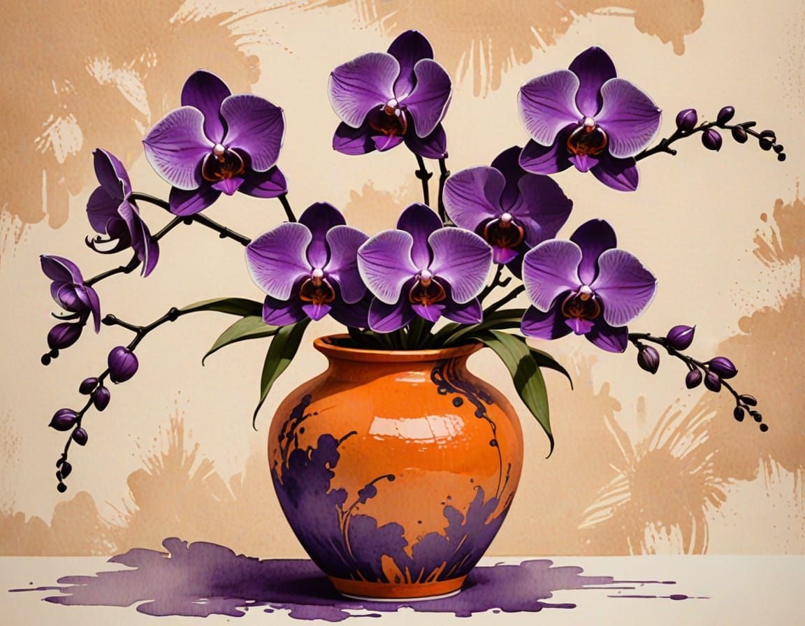 Surreal Orchids in Terracotta Vase, Ink Chinese Art