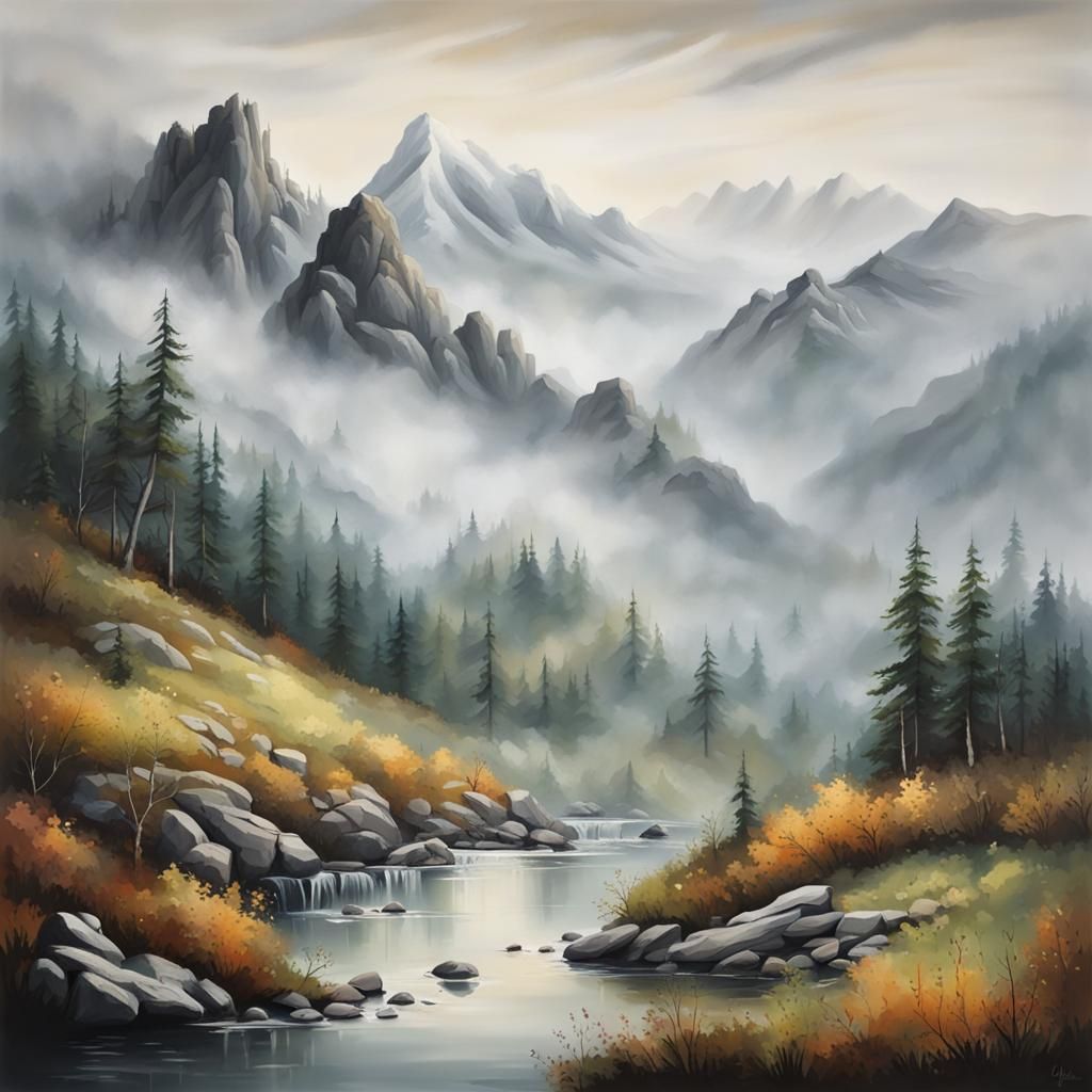 Misty Mountain Landscape: A Detailed Painting