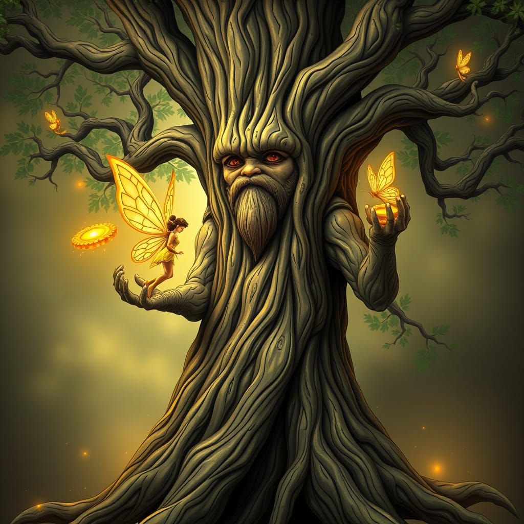 Tree Guardian Enfolds Shimmering Fairy with Golden Treasure