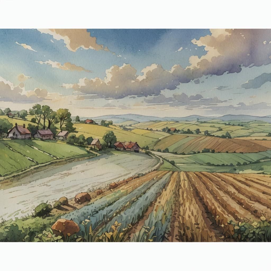 Idyllic Village Landscape in Watercolor Comic Art